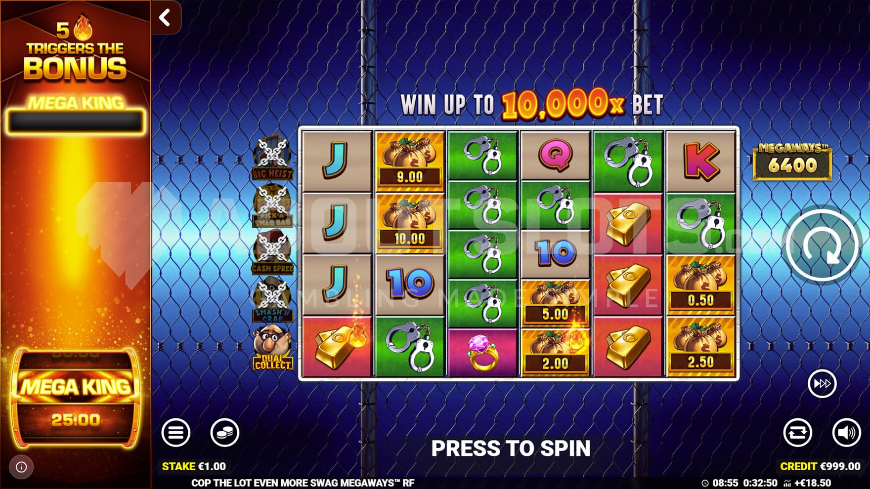 Base Game view of a 6-reel grid on a backdrop of a chain-link fence.