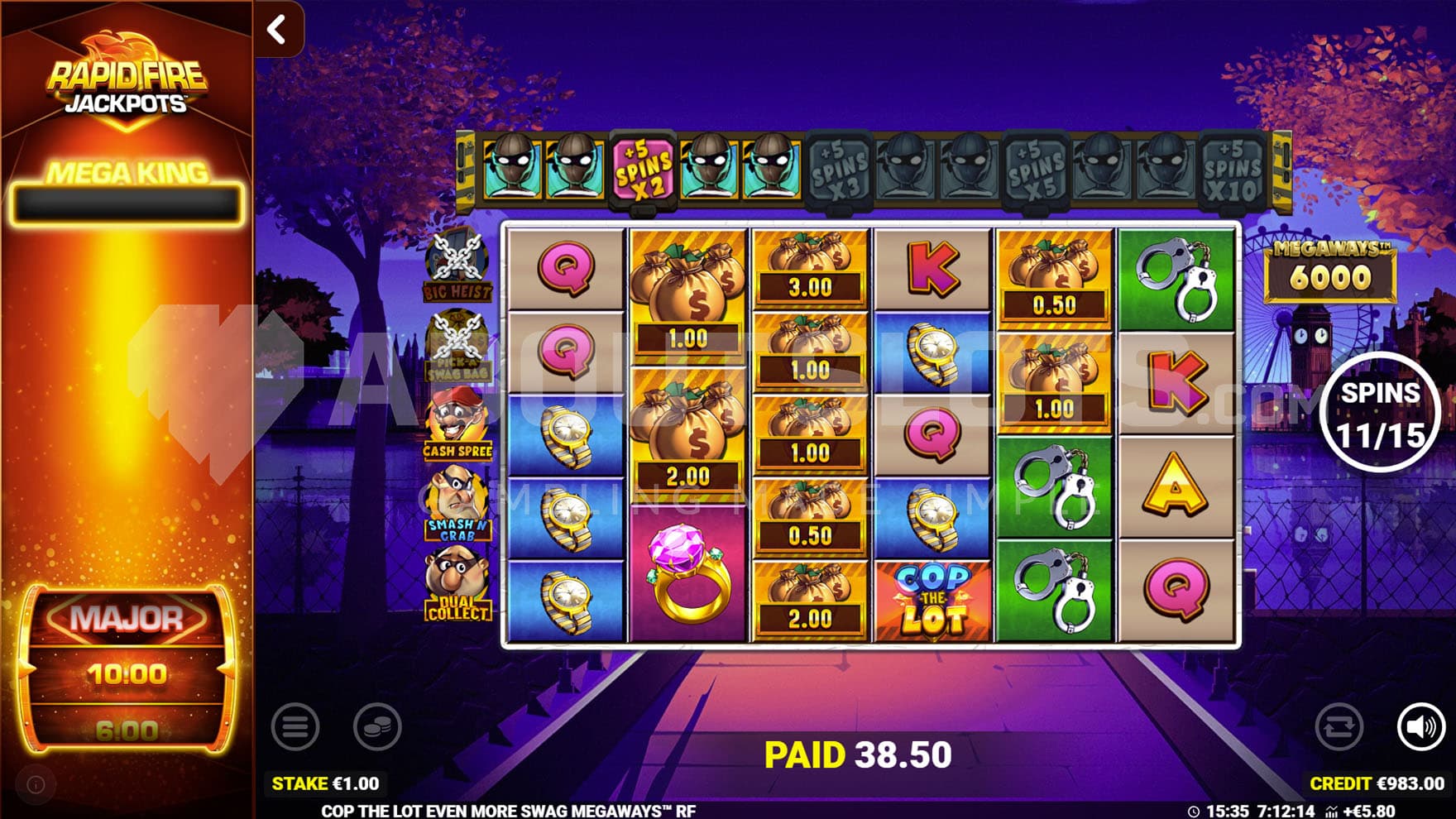 Bonus Spins in progress, showing multiple spaces advanced on the special trail and multiple cash prizes on the grid.