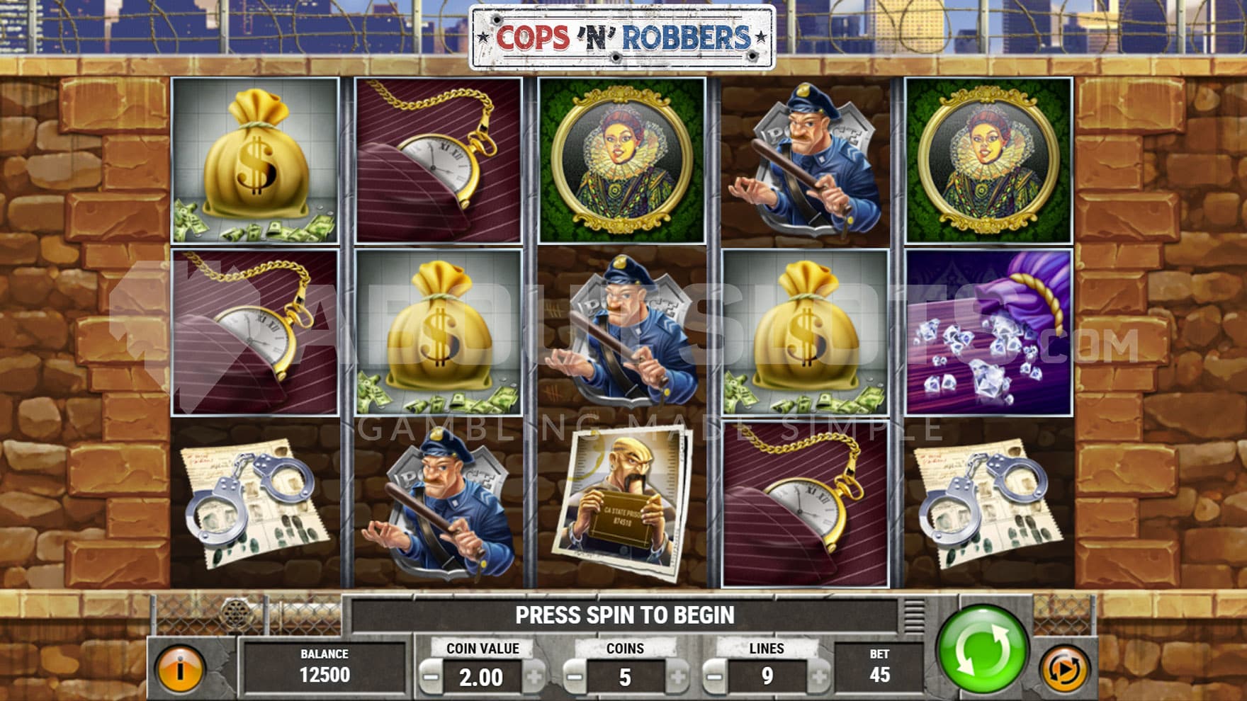 Base Game view of a 5x3 grid on a backdrop of a brick wall.