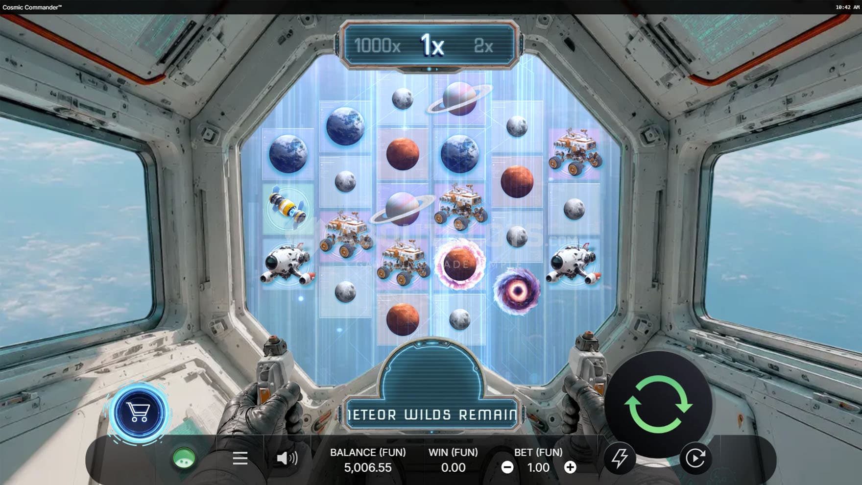 Screenshot of the base game, showing a 6-reel grid on the windshield of a spacecraft cockpit.