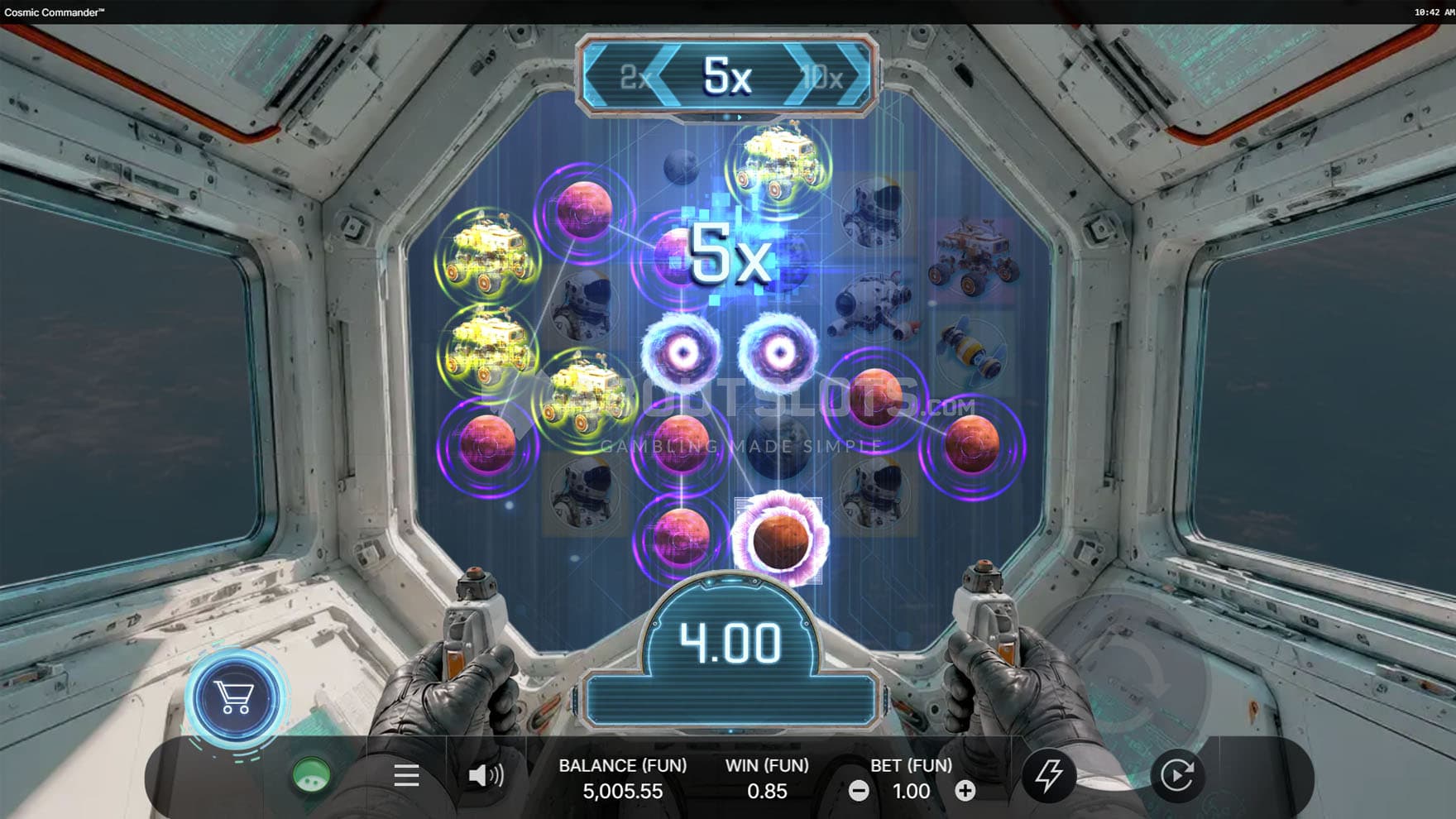 Screenshot showing a win on multiple symbols in the base game, with an activated x5 multiplier.