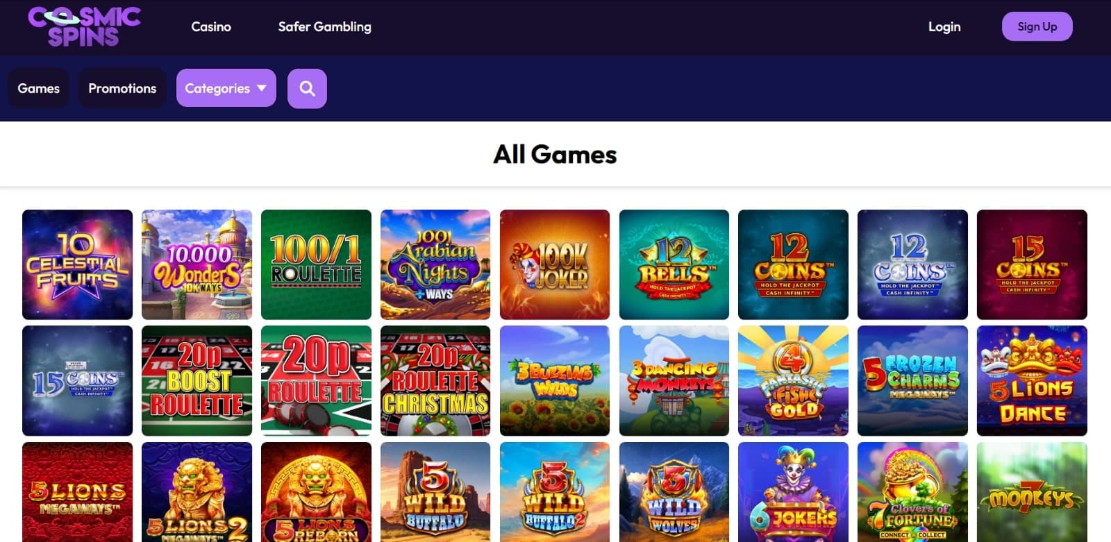 Cosmic Spins Casino games page featuring all games such as 1000 Wonders, Big Bass Bonanza and 7 Monkeys