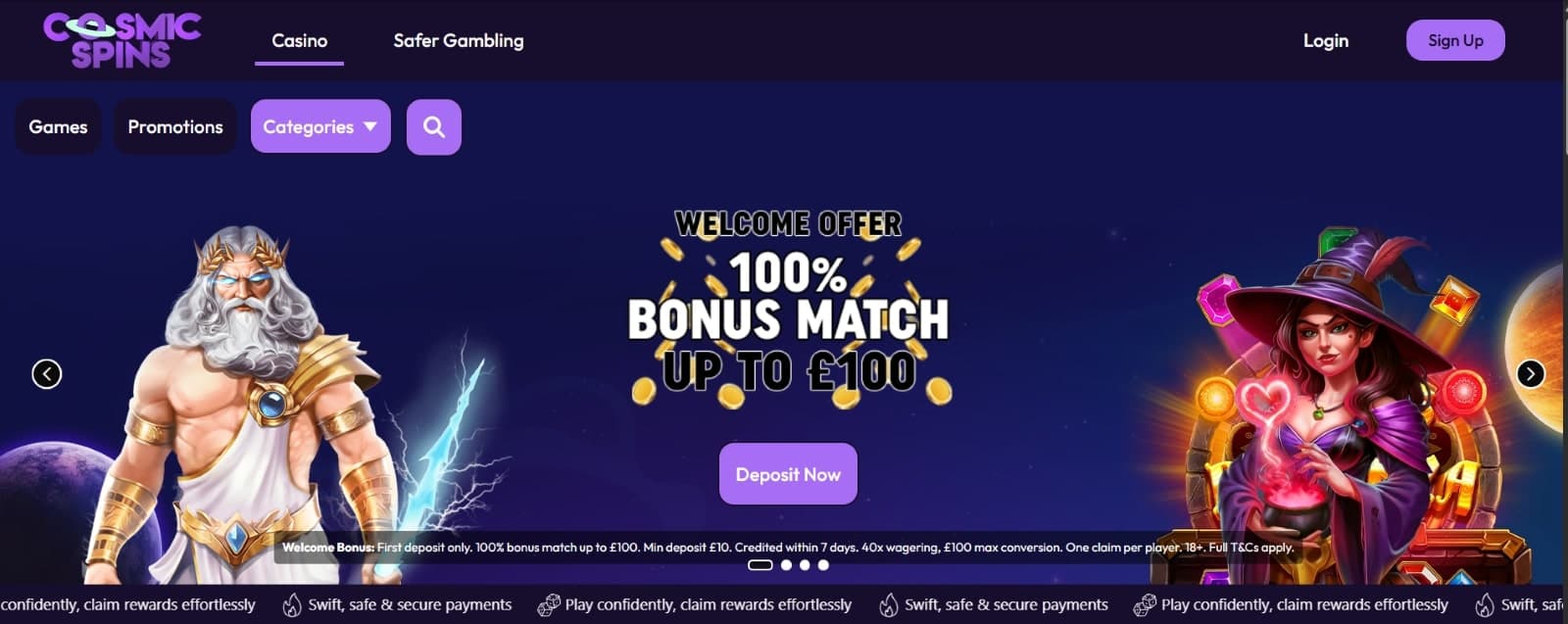 Cosmic Spins Casino landing page presenting 100 pounds welcome offer with Gates of Olympus game character image