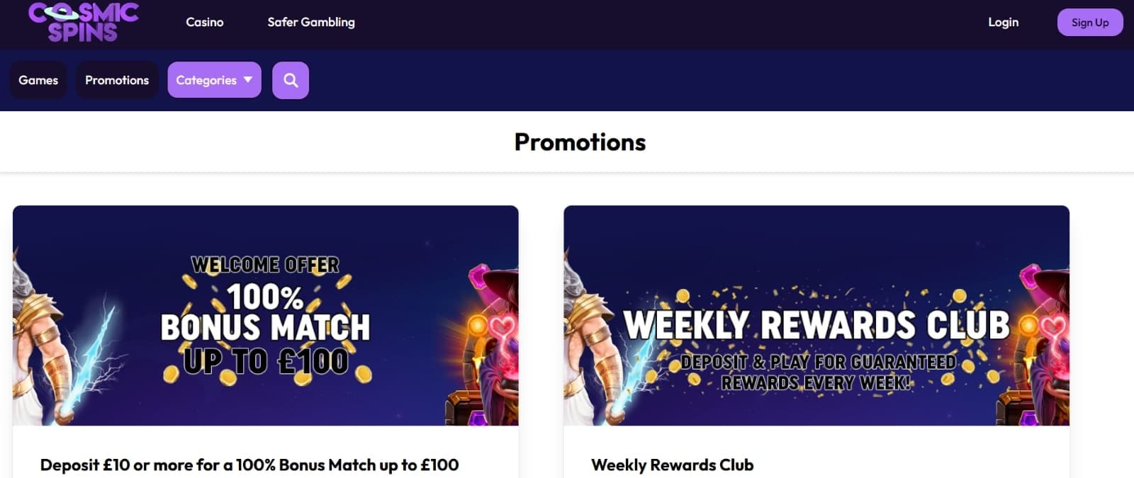 Cosmic Spins Casino promotions page featuring the welcome bonus of 100 pounds and weekly rewards club promotion