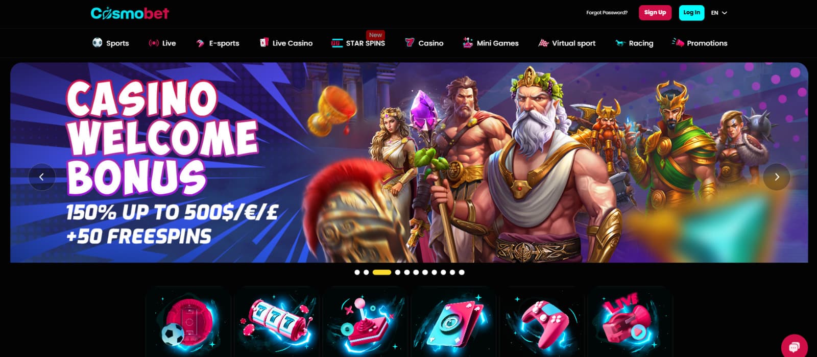 Cosmobet Casino landing page with banner with deities