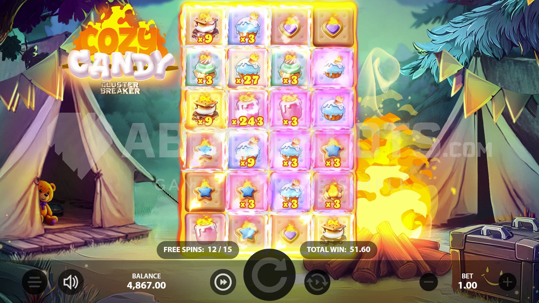 Super Free Spins bonus in progress with multiple positions on the grid accumulating multipliers.