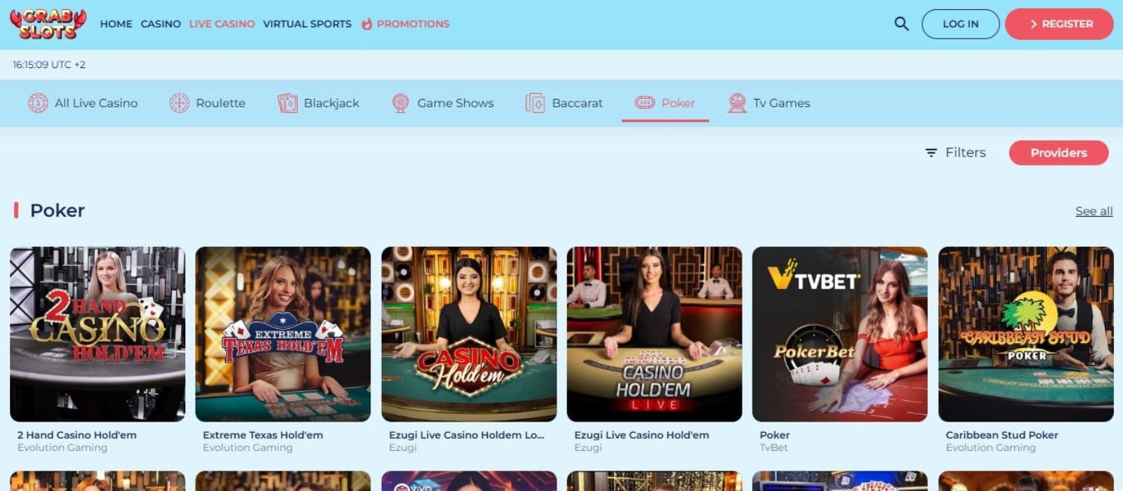 Crab Slots Casino's live games section, showing variations of poker.
