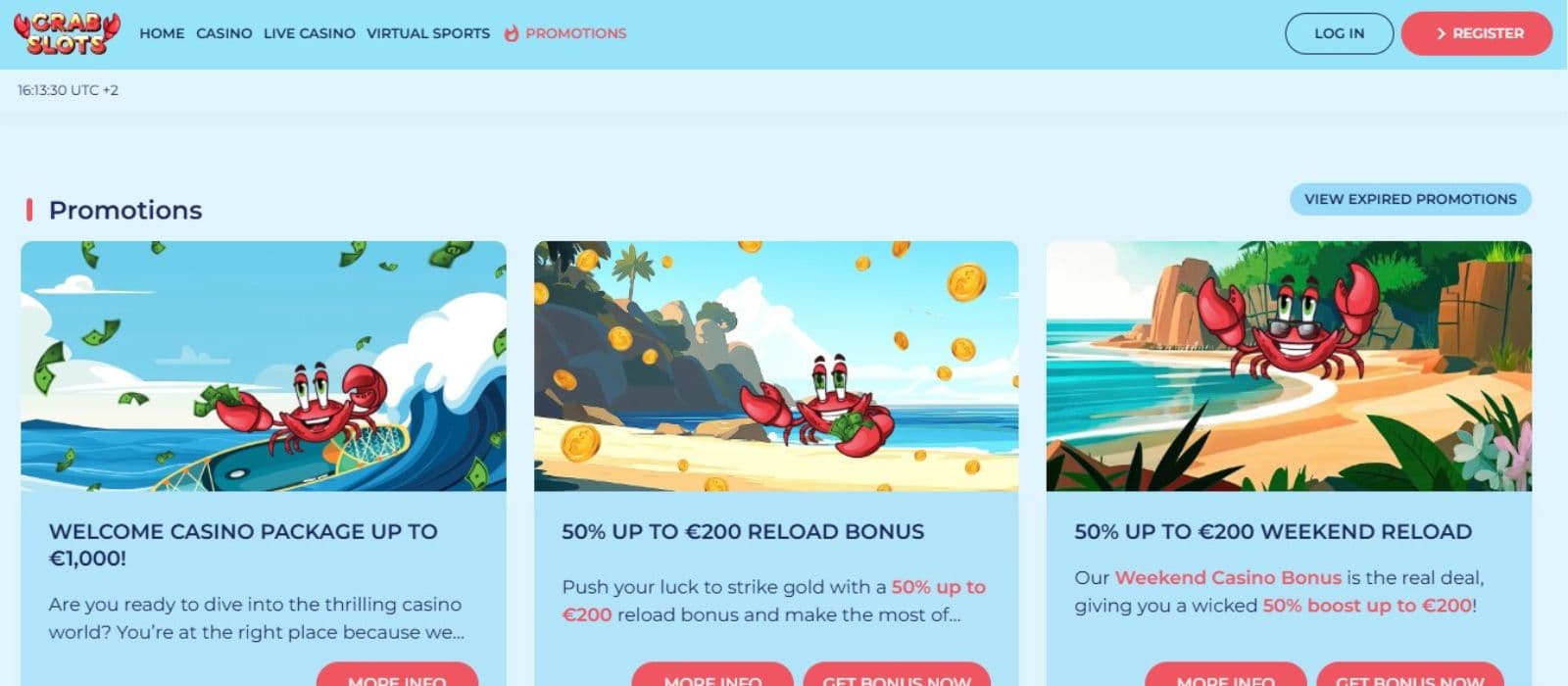 Crab Slots Casino's promotion page, showing the welcome package and the reload bonuses.