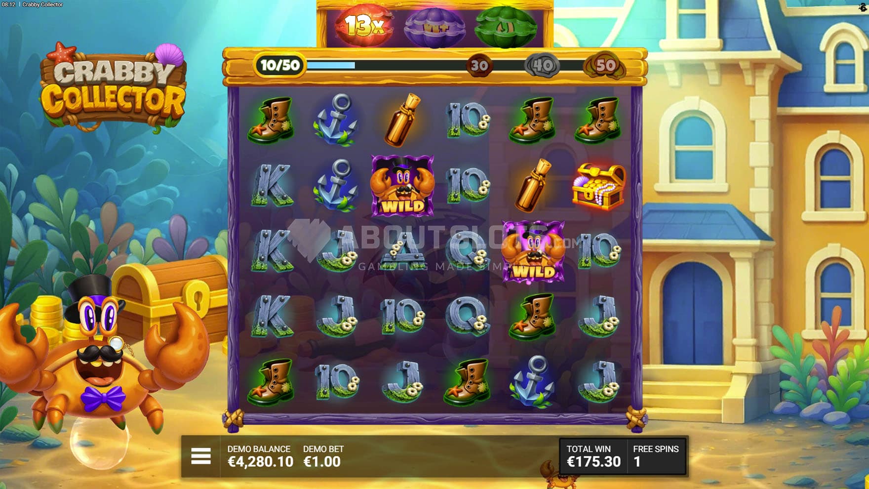 Free Spins in progress, showing a global multiplier increased to x13 and Wilds being added on the grid.