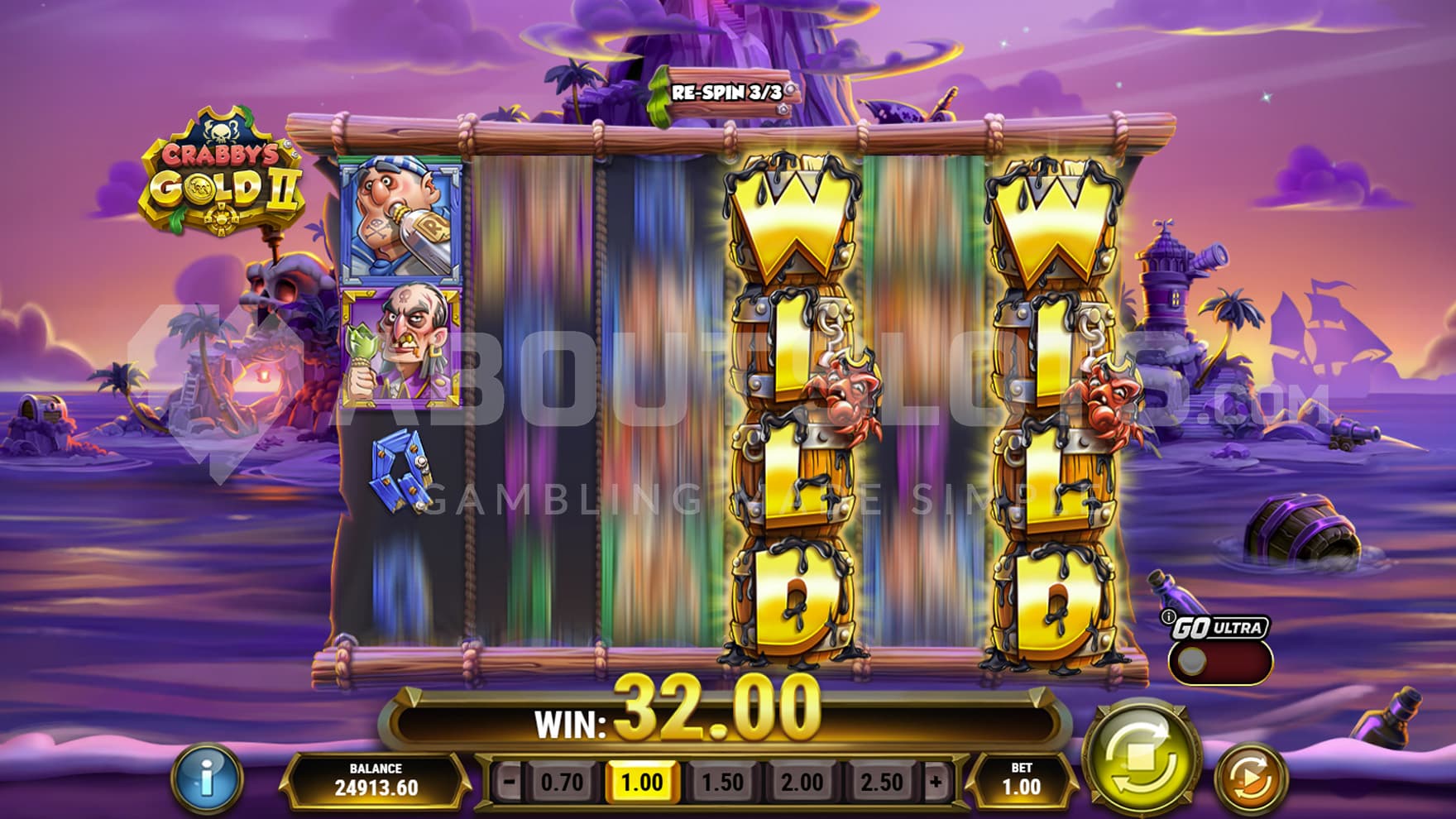 Treasure Trail Respin in progress, showing two full-reel wilds on reels 4 and 6.