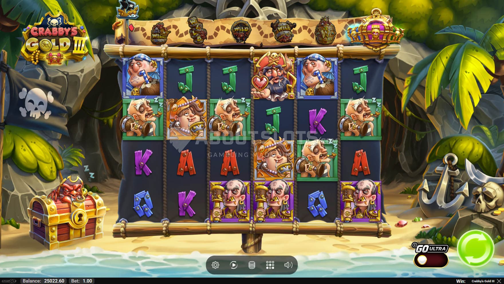 Screenshot of the base game, showing a 6x4 grid on a backdrop of a cove leading to a cave.