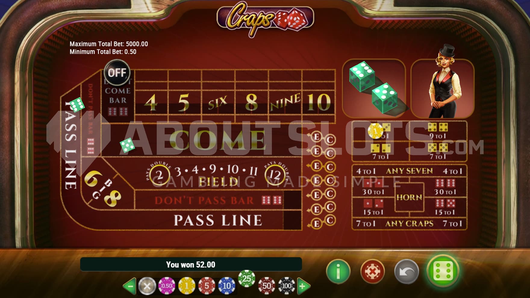 Base Game view of a casino craps table lined with red felt.