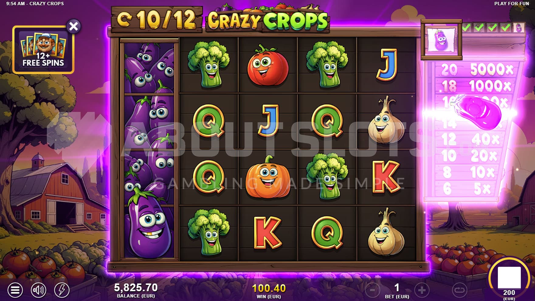 Free Spins bonus in progress, showing 4 our of 5 high-paying symbols eliminated on the scatter-pays table.