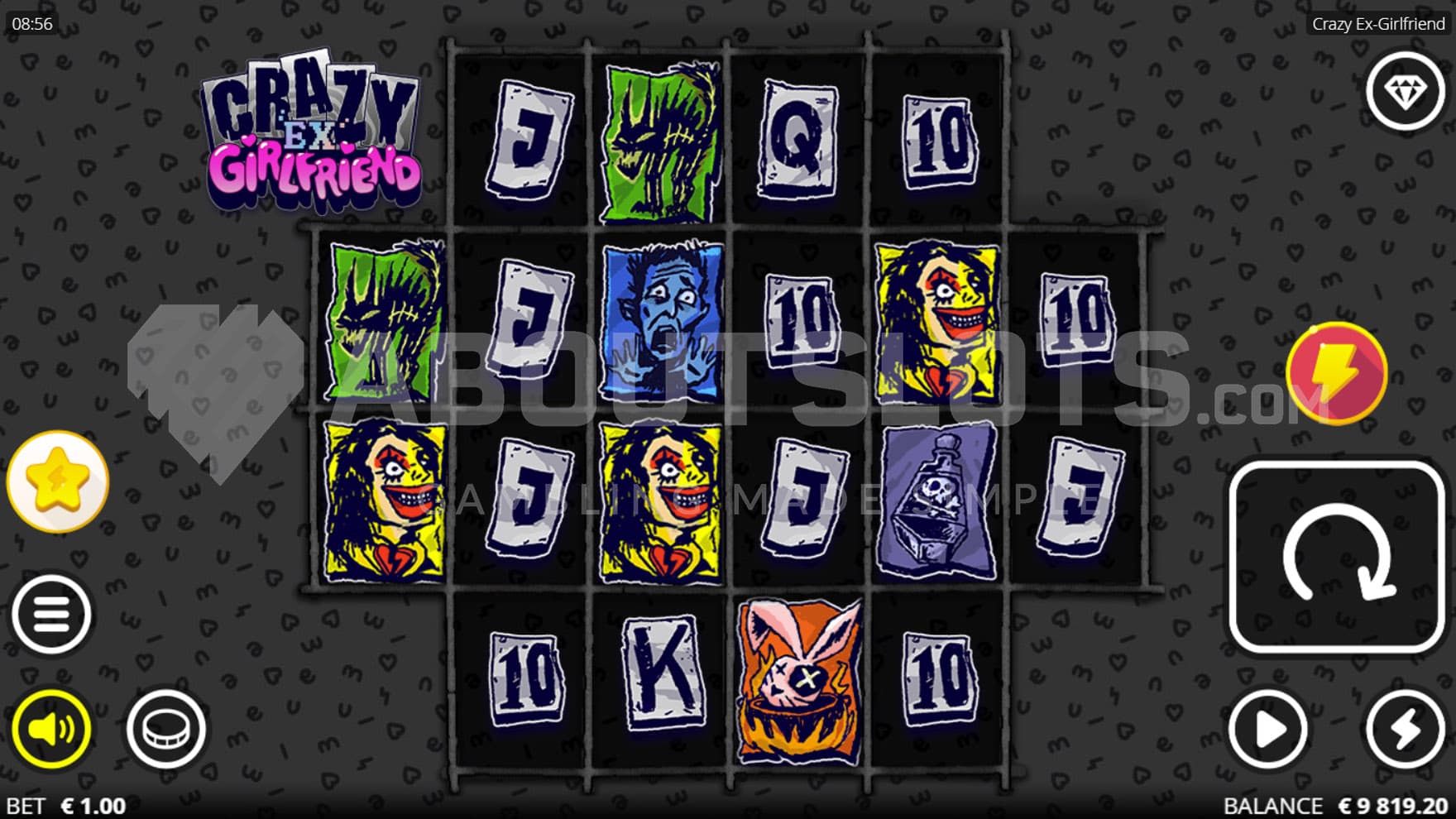 Base Game view of a 6-reel grid on a grey backdrop, with caricatural symbols on the reels.