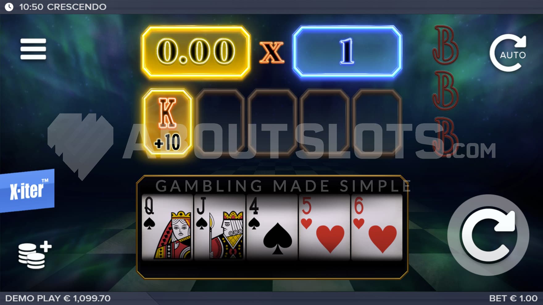 Base Game view of a 5-reel grid filled with card symbols, on a backdrop of a chequered floor meeting northern lights sky.