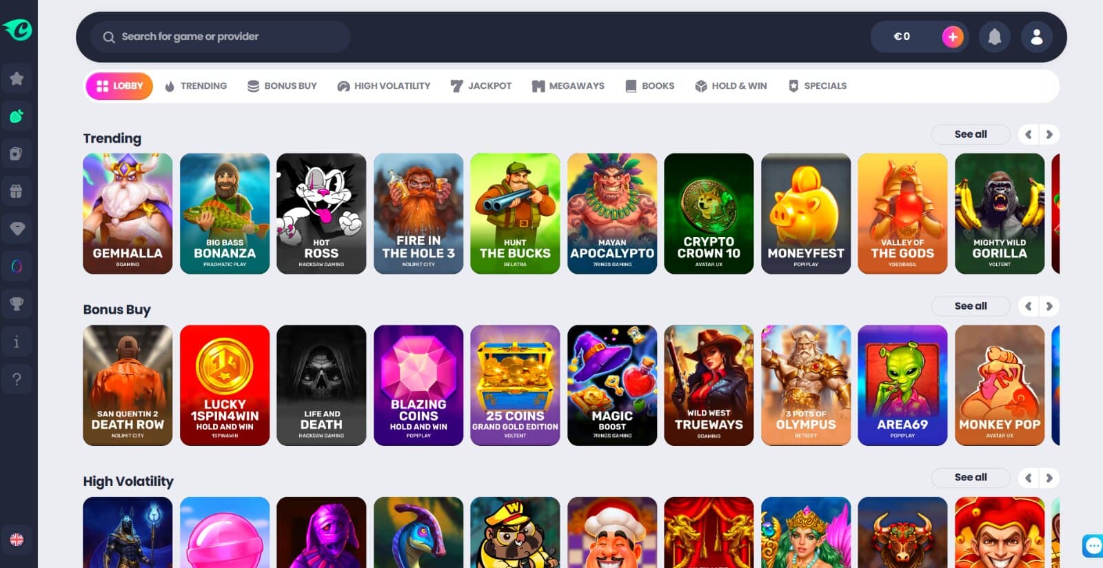 CrocoSlots Casino's games page featuring the colourful slot and table game icons under the main lobby categories