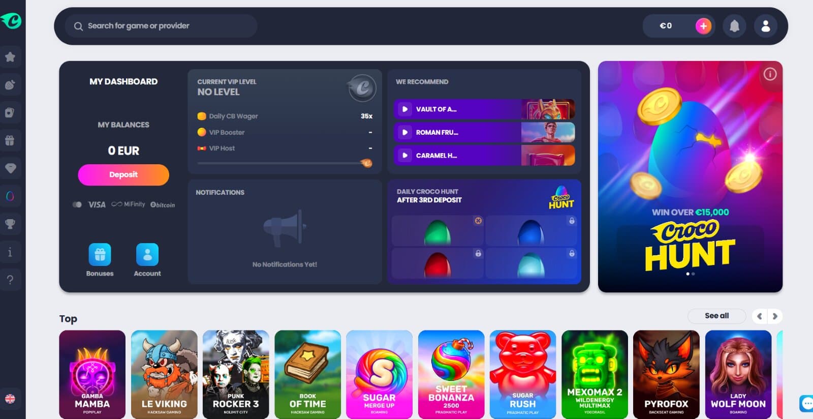 CrocoSlots Casino's landing page featuring the player VIP status, promotions, and top slots