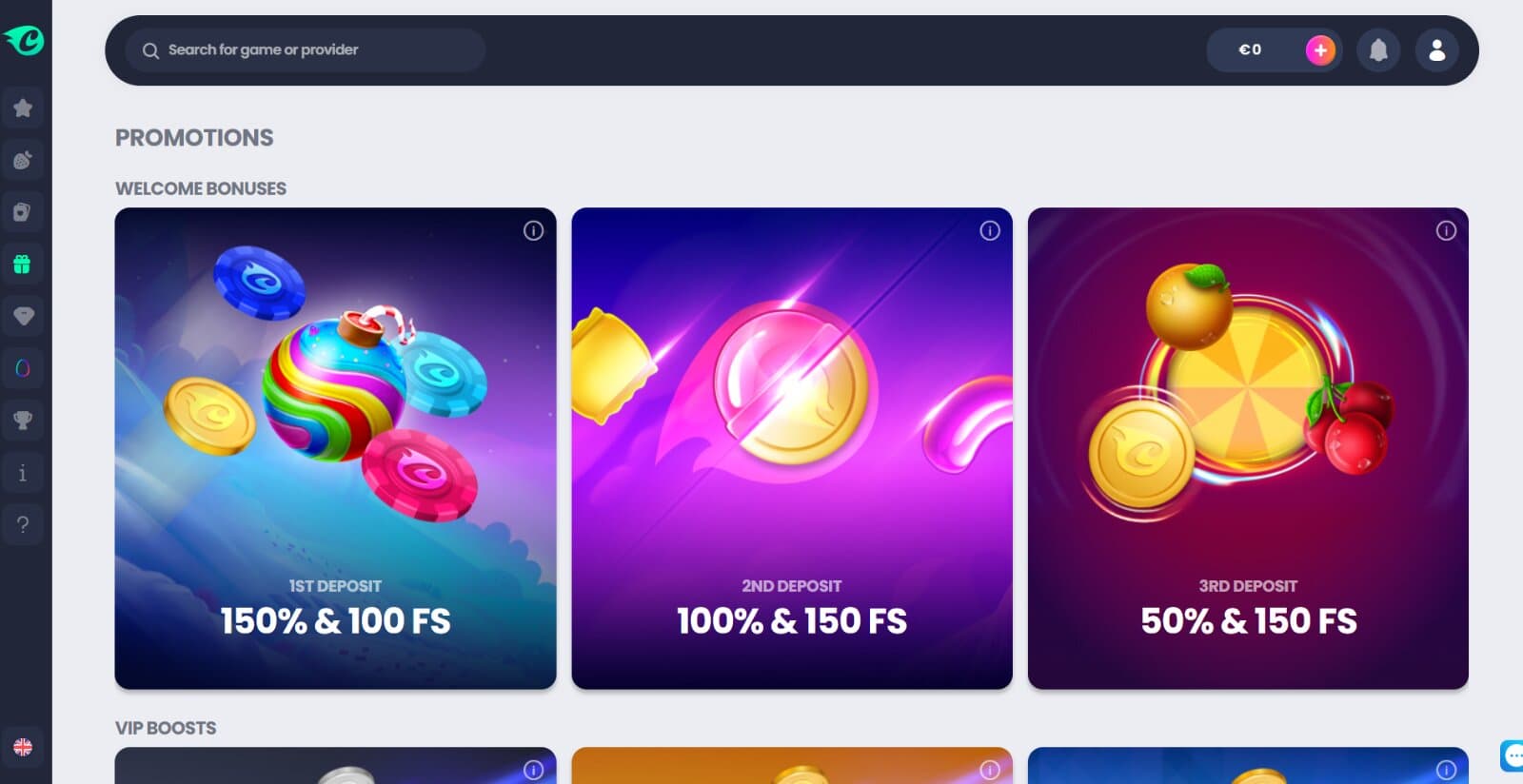 CrocoSlots Casino's promotions page featuring the three deposit welcome bonuses and their respective banner images