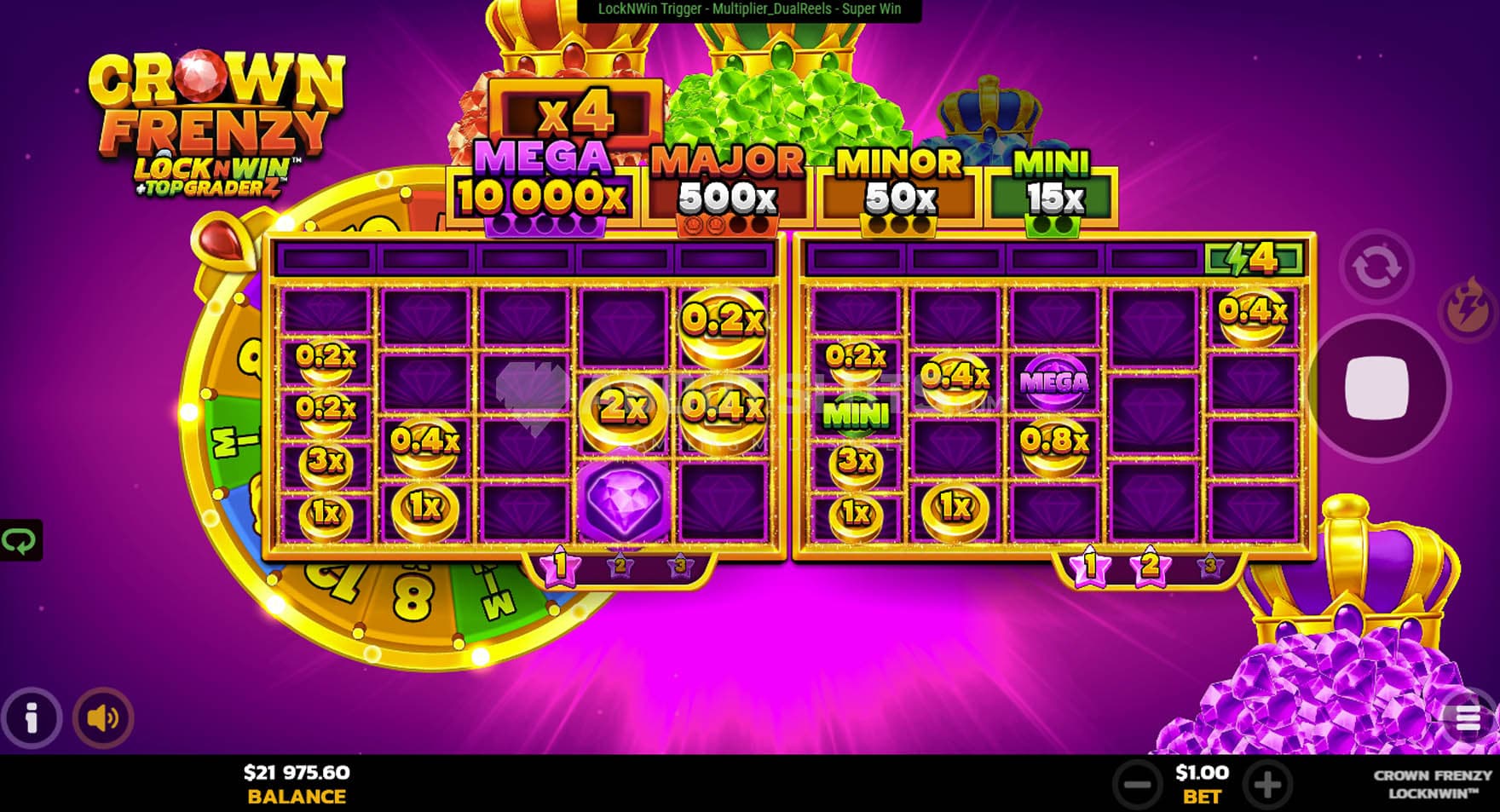 LockNWin bonus in progress, played with 2 reel sets, with multiple cash symbols locked.