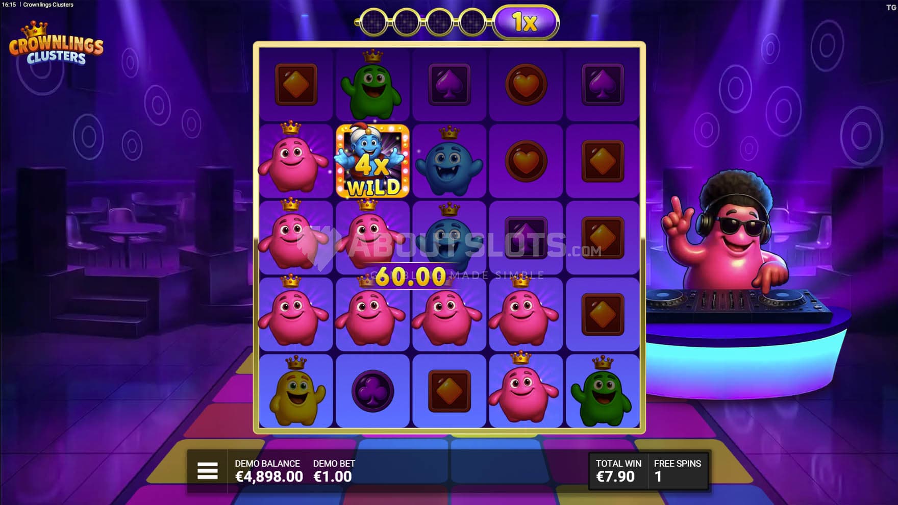 Royal Party Bonus in progress, showing a win created with a multiplier Wild.