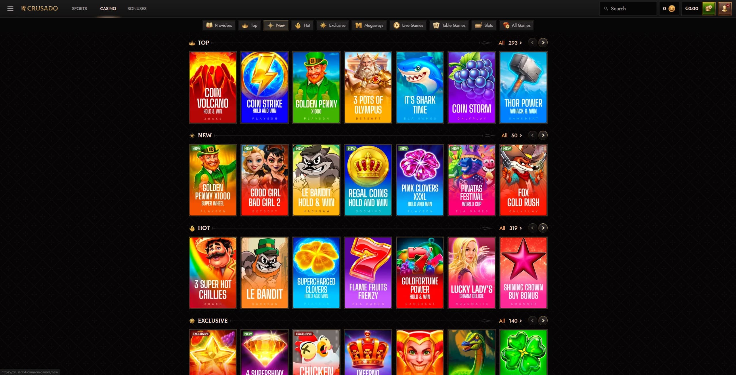 Crusado Games Page showing a selection of slot games