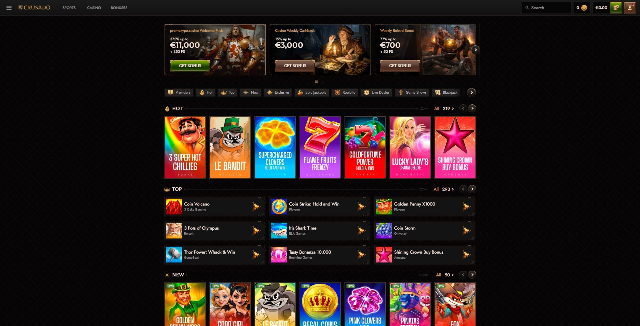 Crusado Landing Page showing the top games along with a few other selected slot titles