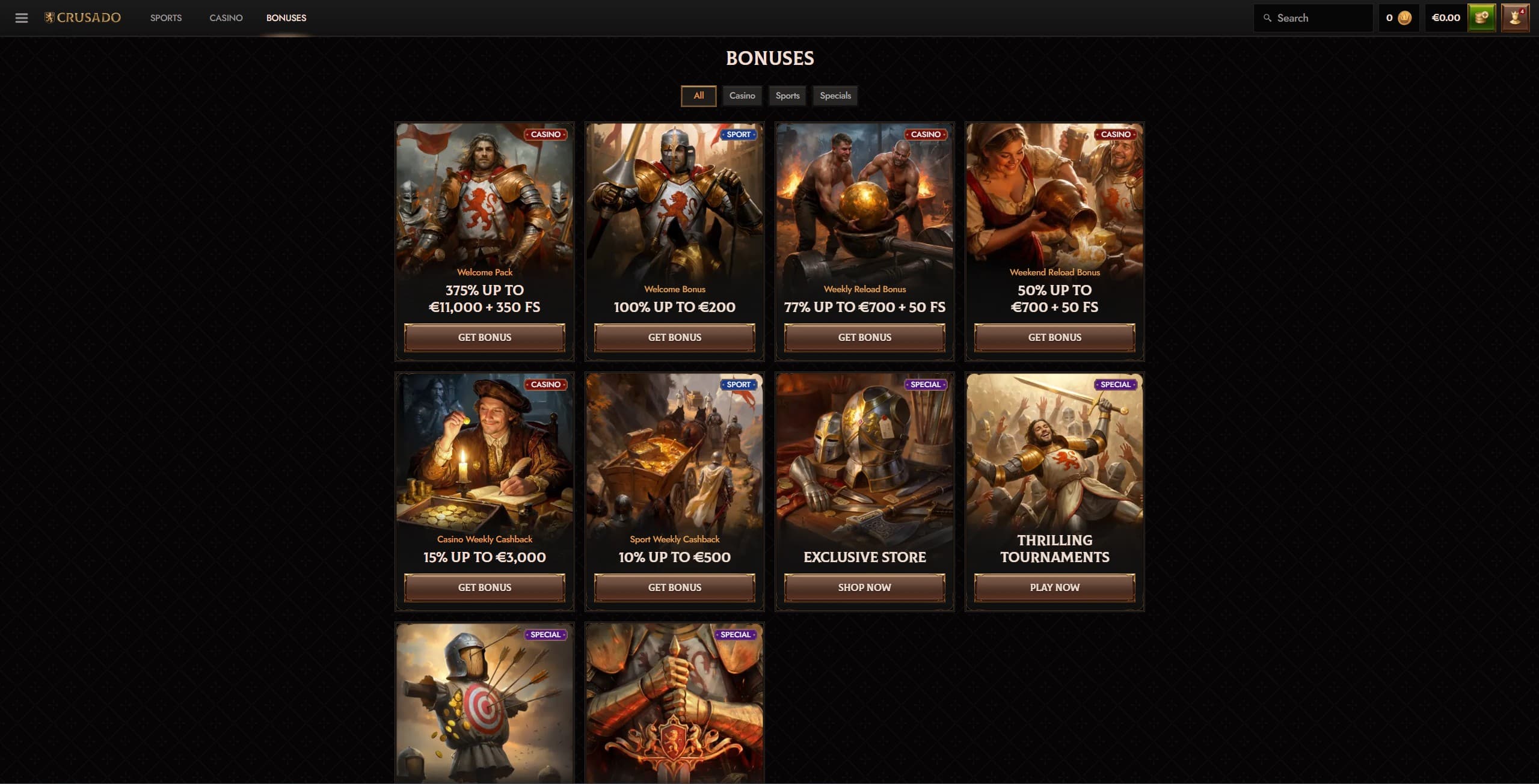 Crusado Promotions Page showing the available bonuses and promtotions