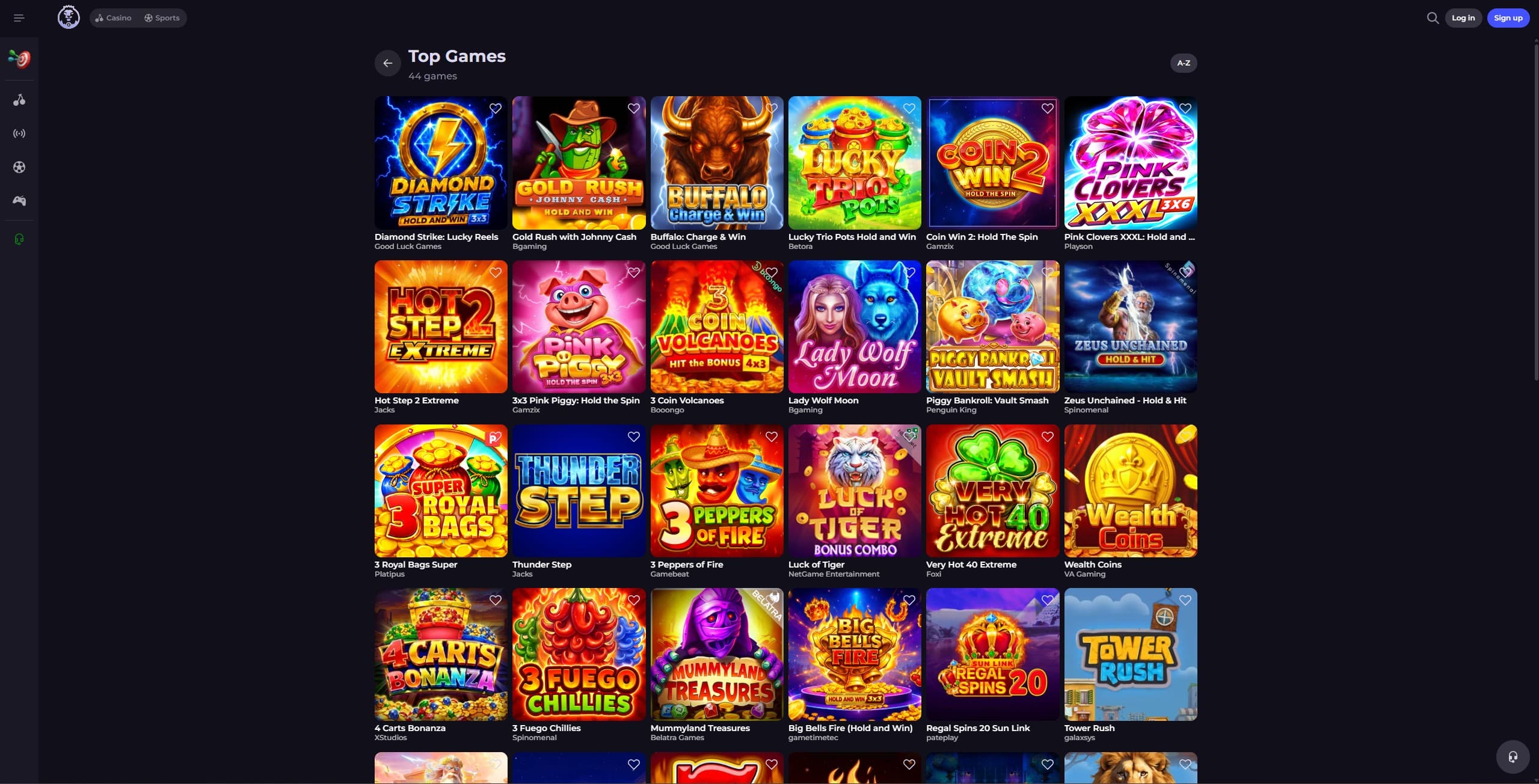 CryptoLeo Games Page showing a seleciton of popular slot games