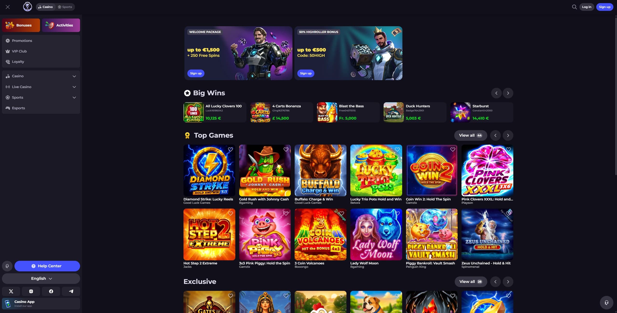 CryptoLeo Landing Page showing the main menu and a selection of casino games