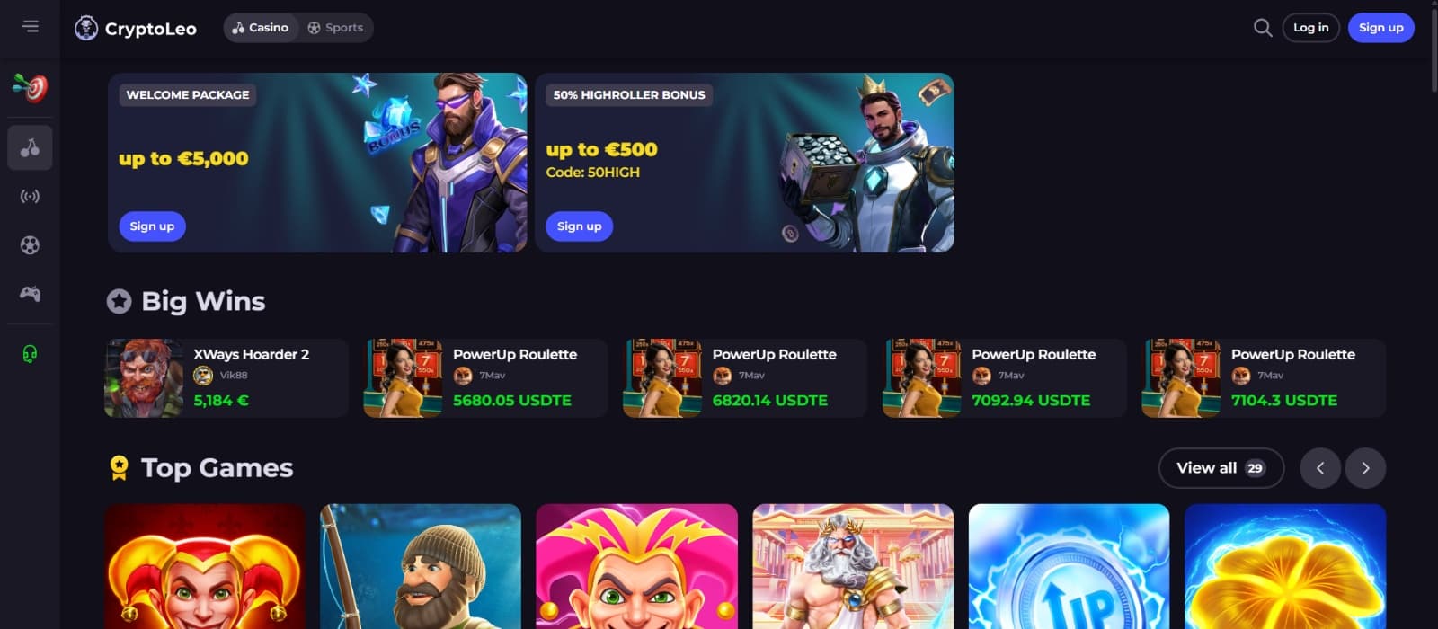 CryptoLeo Casino landing page with casino bonuses, big wins leaderboard and top games