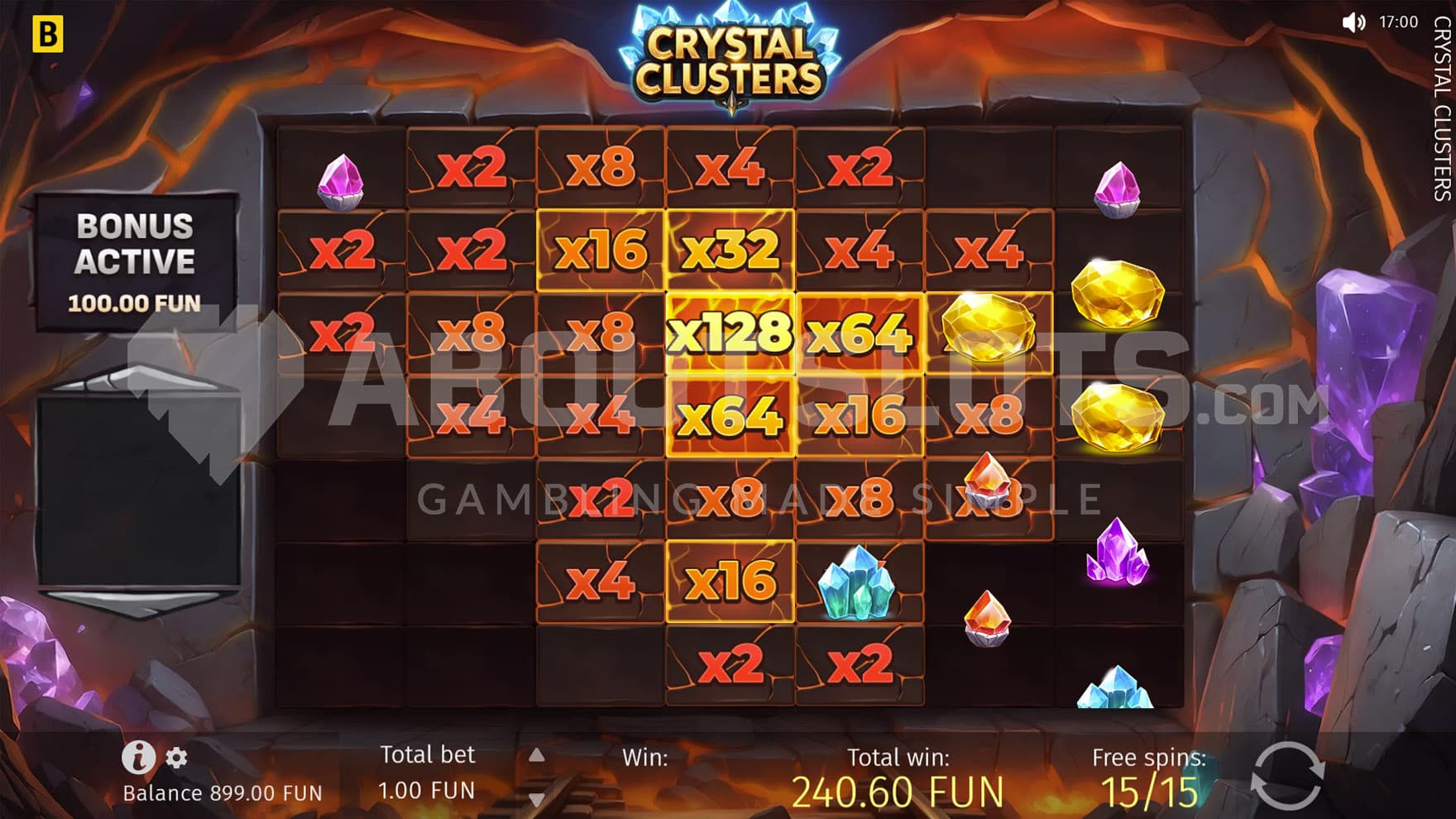 Free Spins bonus in progress, showing multiple positions on the grid with increased multipliers.