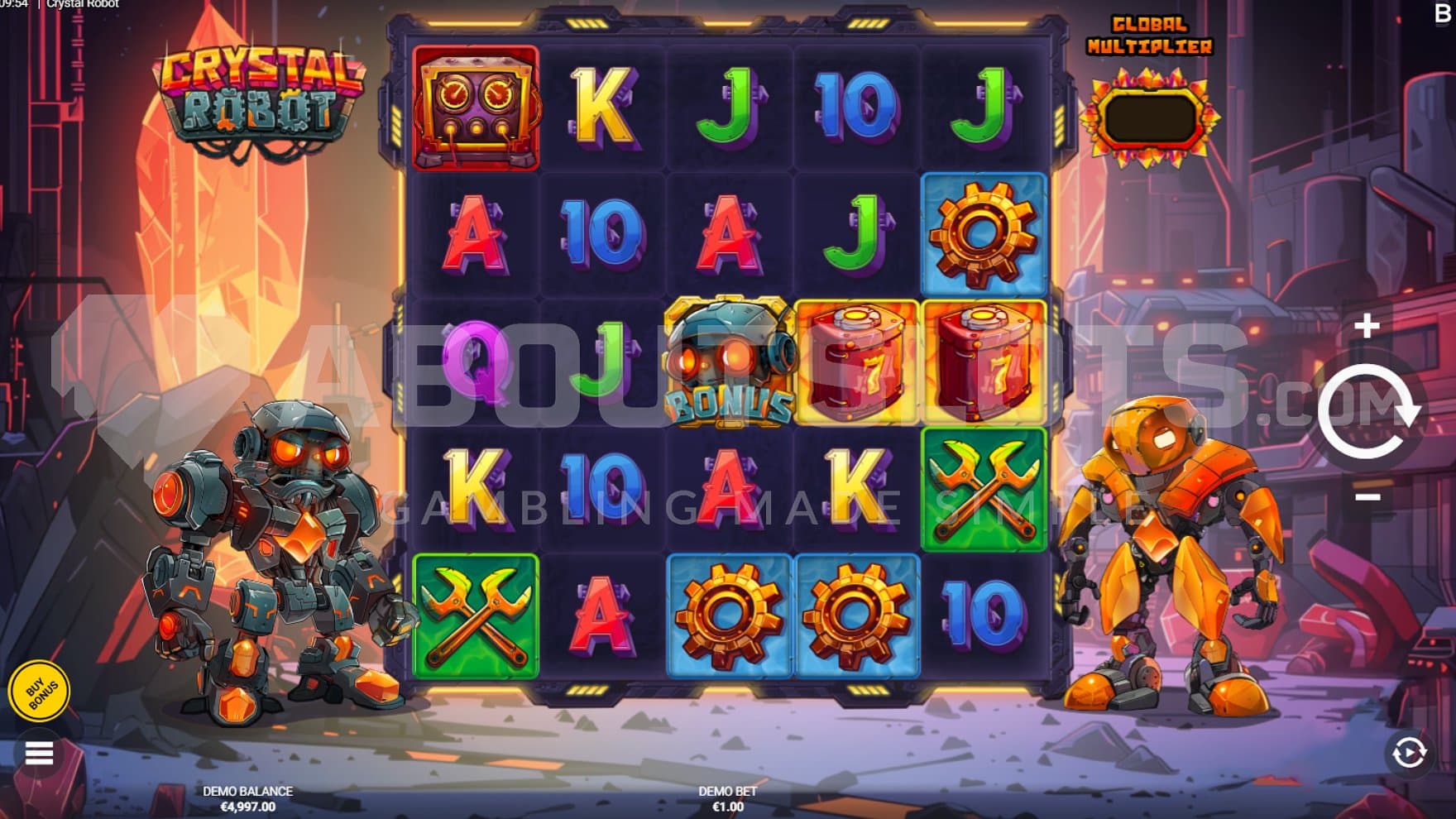 A casino slot with 5 reels and two robots on the sides.