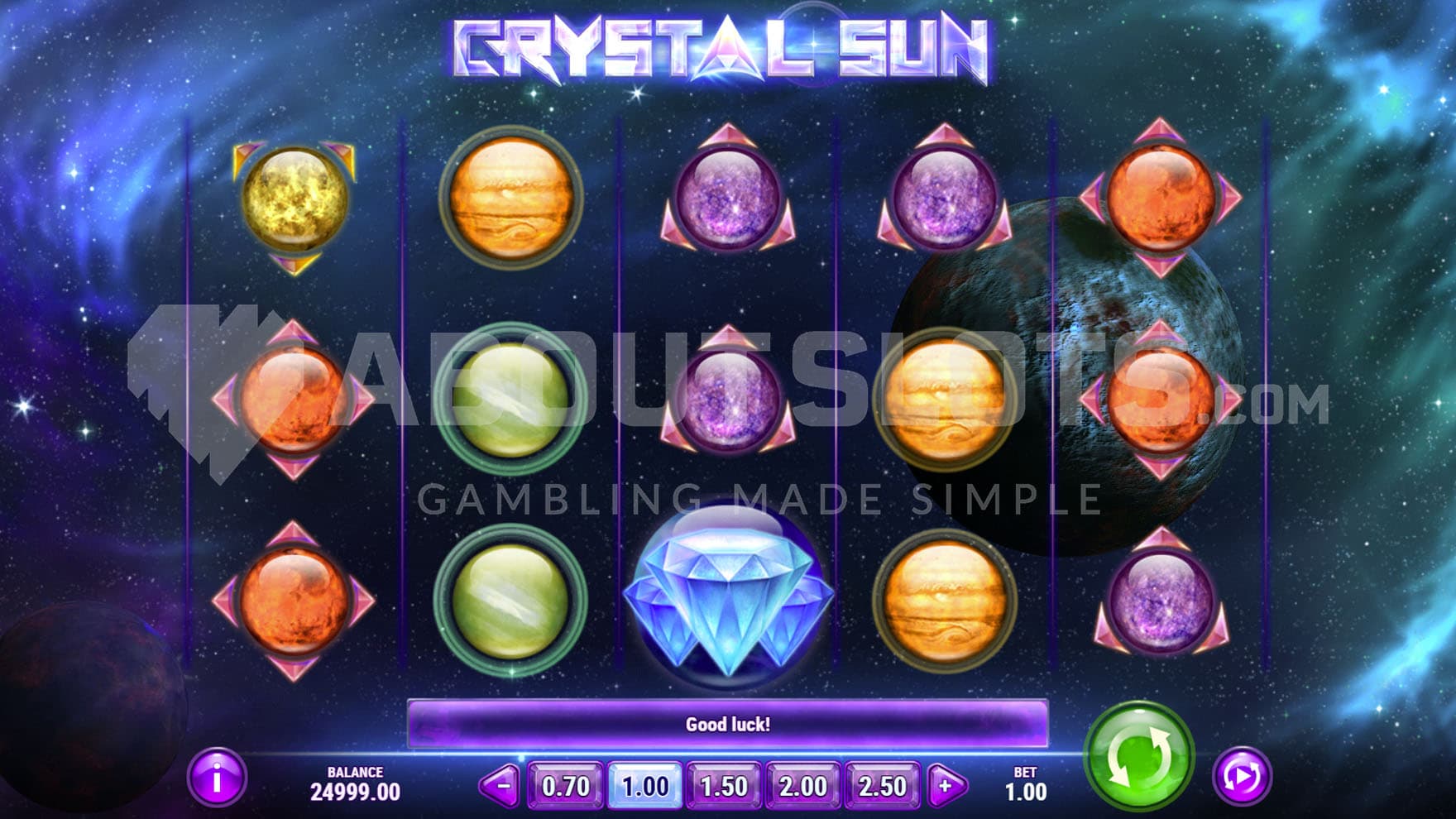 Base Game view of a 5x3 grid populated by planet symbols on a backdrop of outer space.