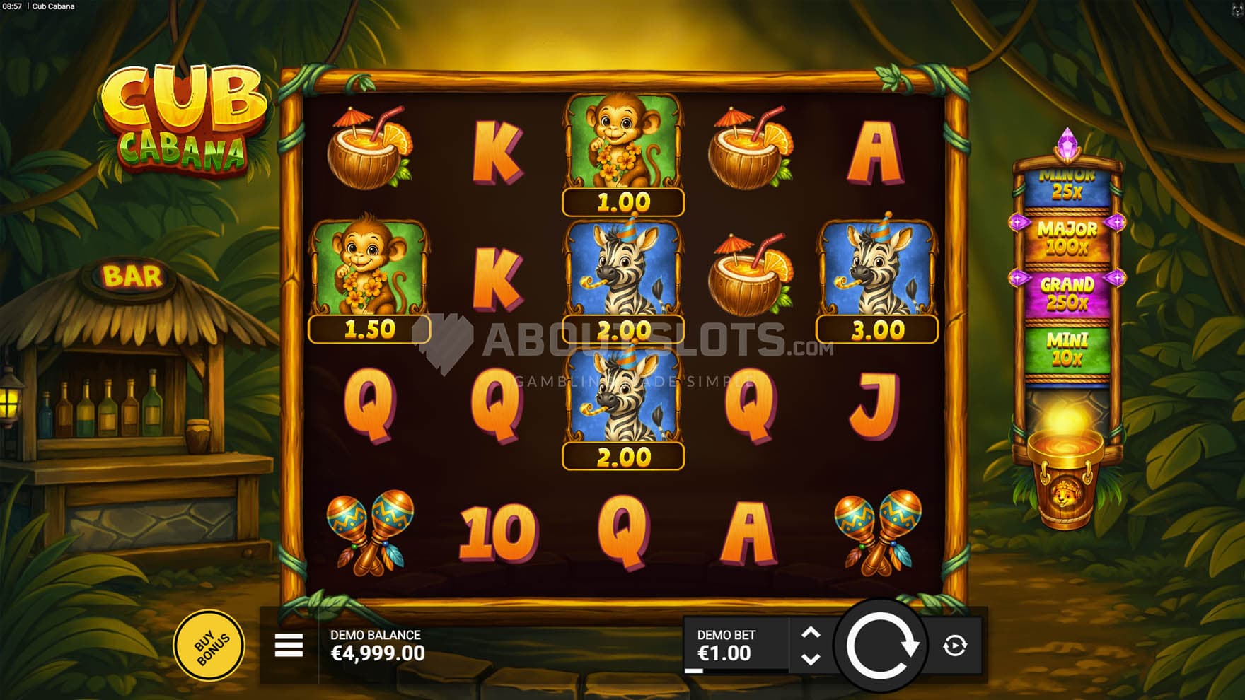 Base Game view of a 5x4 grid on a backdrop of a jungle with a bar stand on the left.