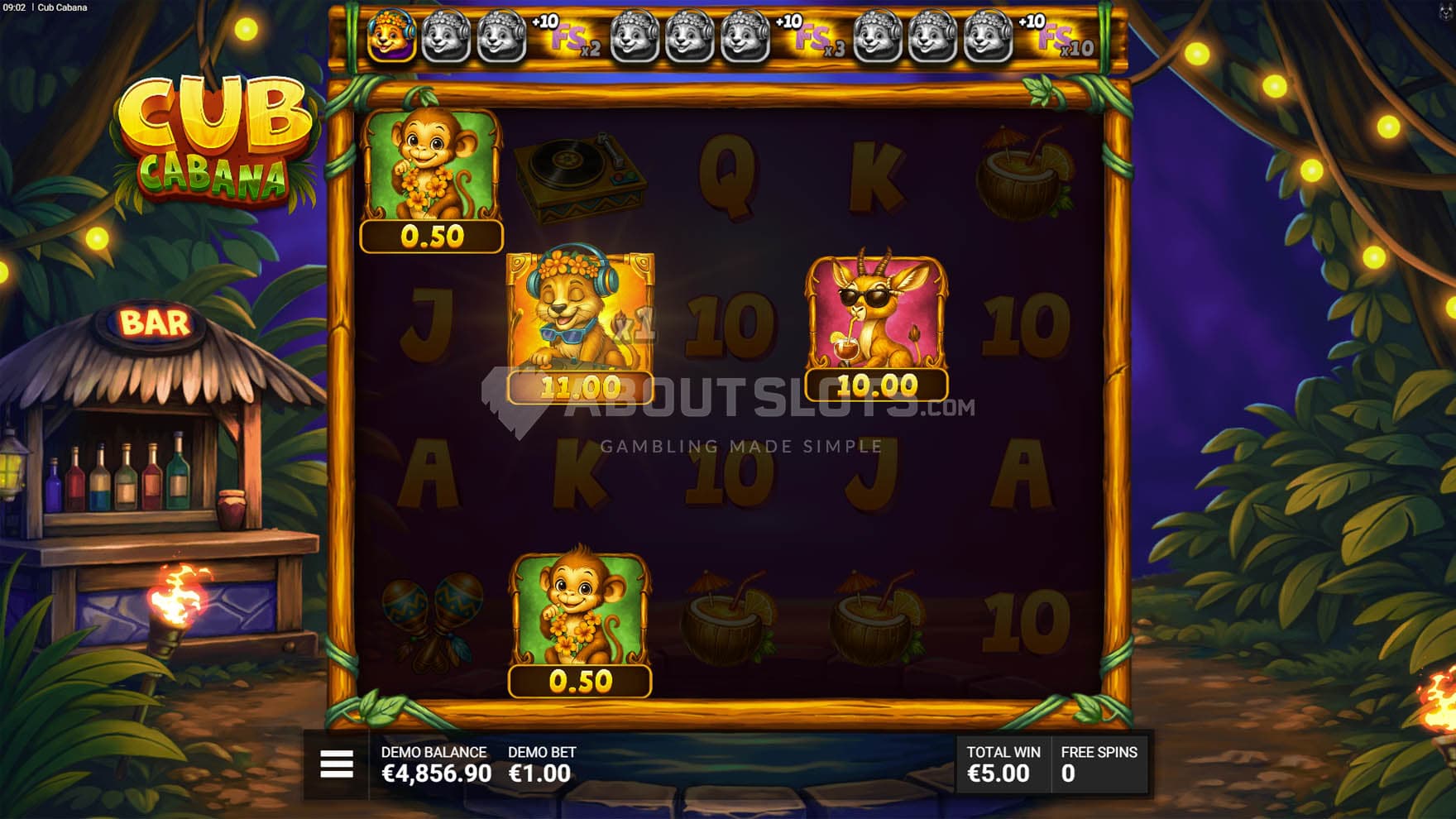 Jungle Happy Hour bonus in progress, showing cash prizes being collected.