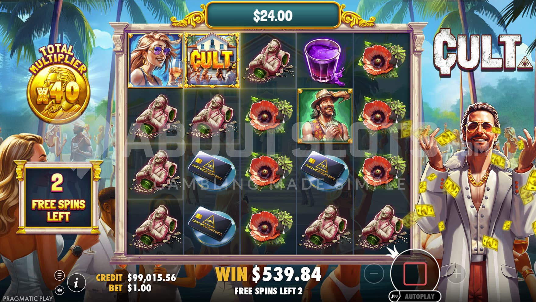 Free Spins bonus in progress, showing the total multiplier increased to x40.