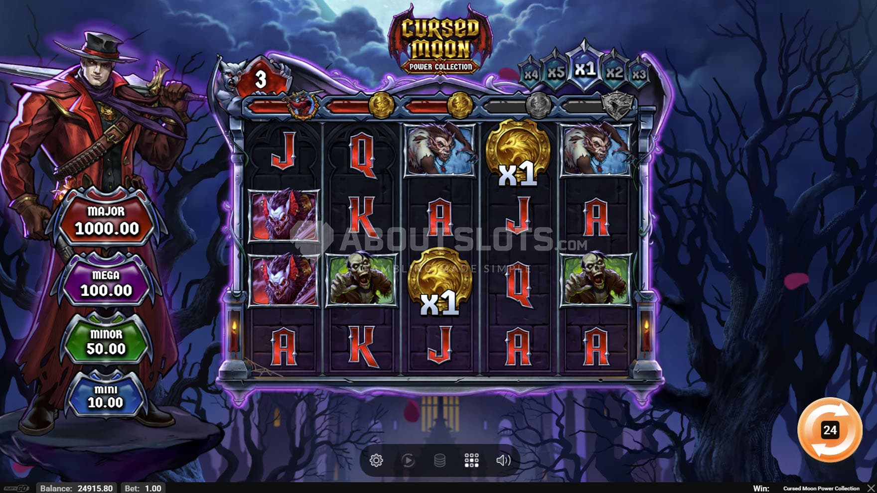 Base Game view of a 5x4 grid on a backdrop of a dark, ominous forest, with a monster hunter standing on the left.