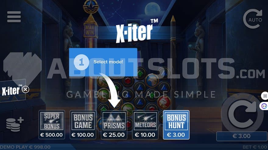 A menu offering different features for 3X to 500X the bet.