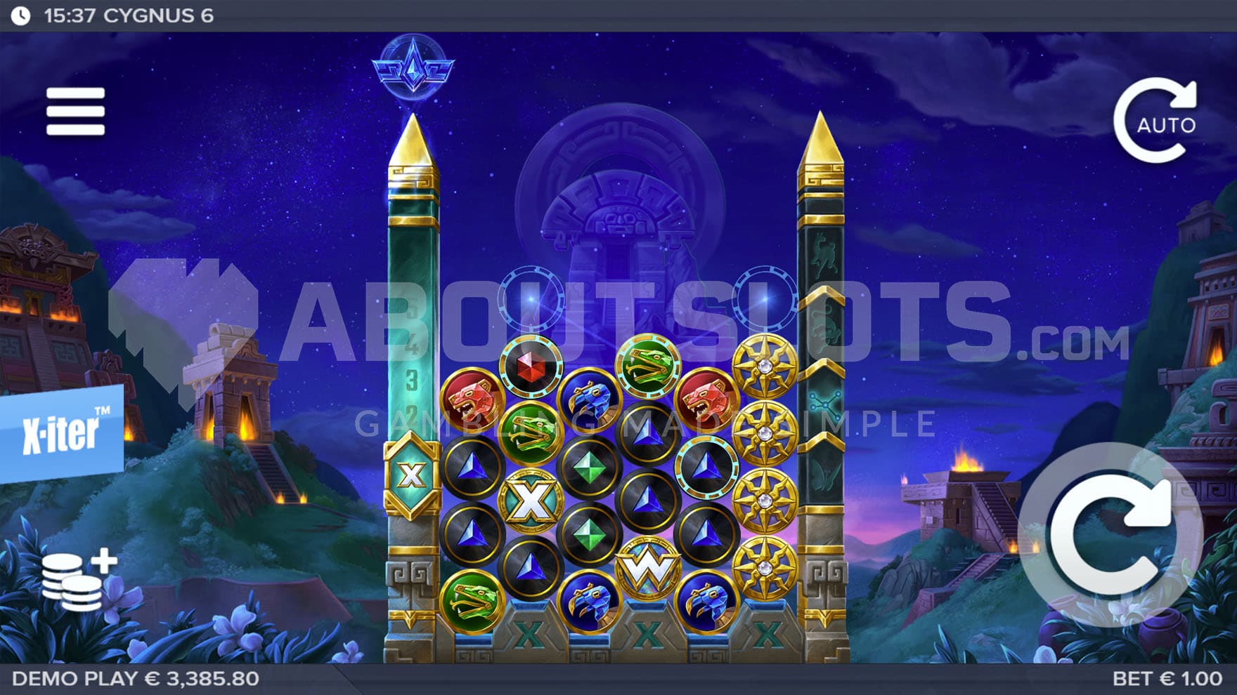 Base Game view of a 6-reel grid flanked by two obelisks, on a backdrop of an ancient city in the mountains.