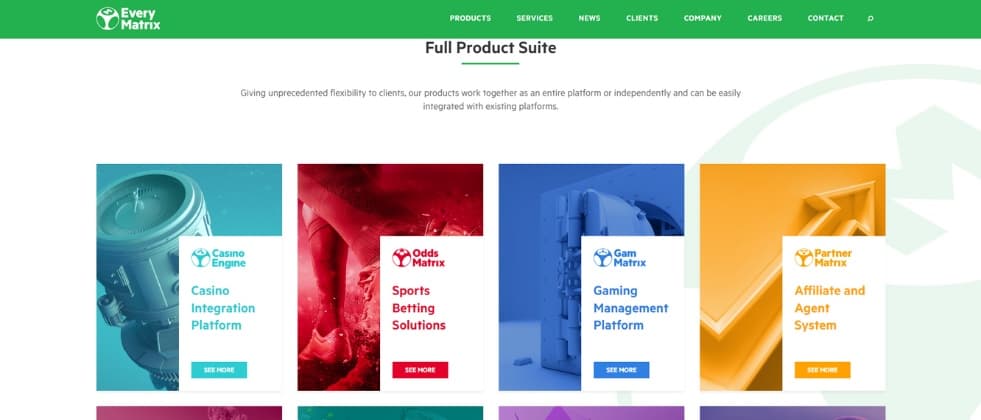 An image of EveryMatrix homepage, showing their product suite