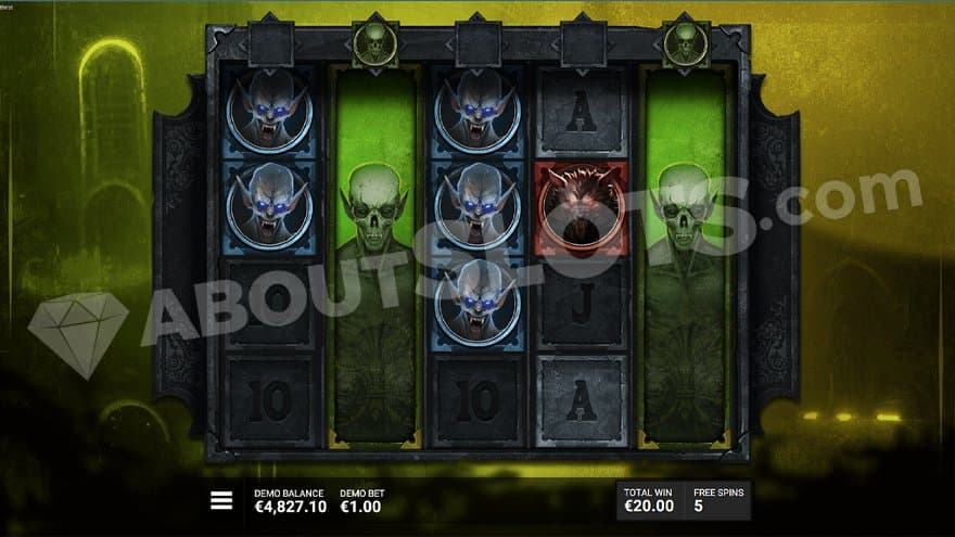 Stacked monster symbols on reels 2 and 5 in the free spins.