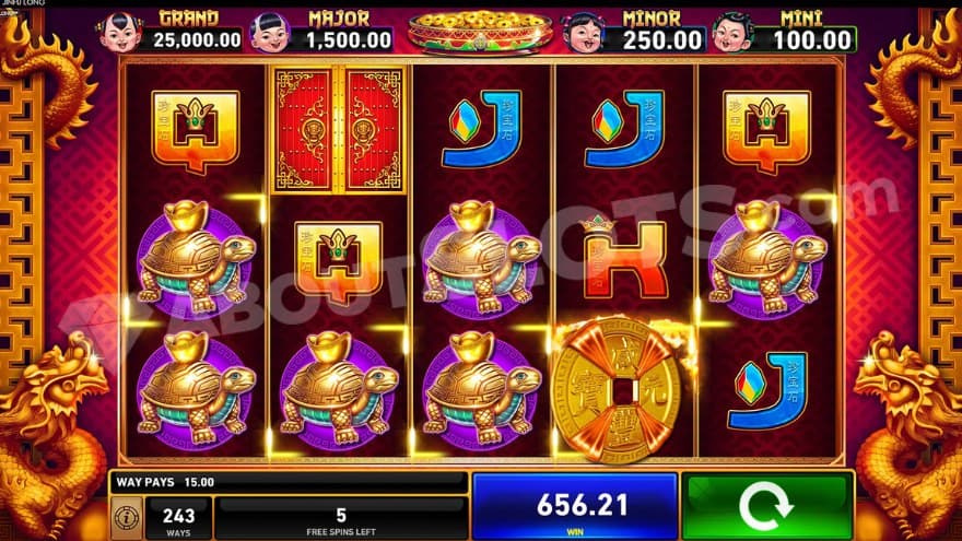 Free Games bonus game with golden dragon on the side of the reels.