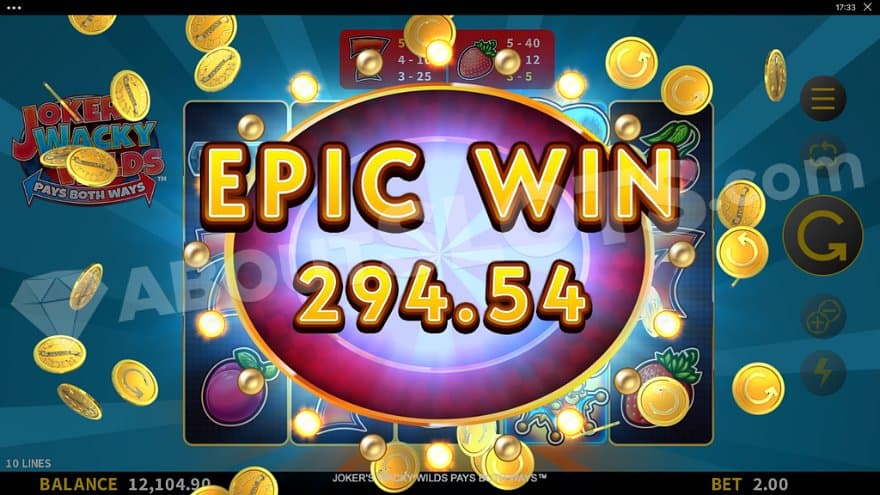 A screen with flying golden coins saying: "Epic Win, 294.54."