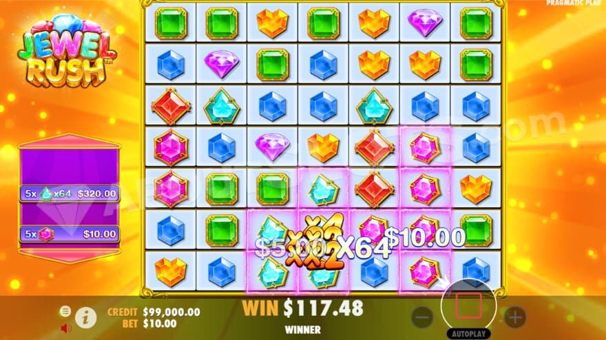 An image of the Free Spins view with an orange background and a total of 64x multiplier