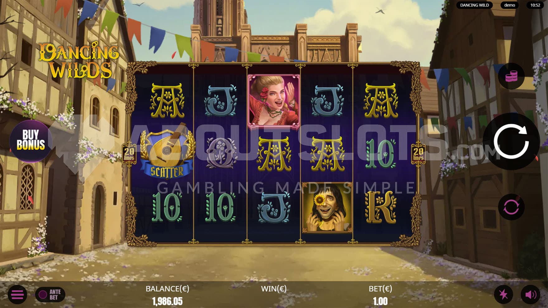 Base Game view of a 5x3 grid on a backdrop of an empty medieval city.