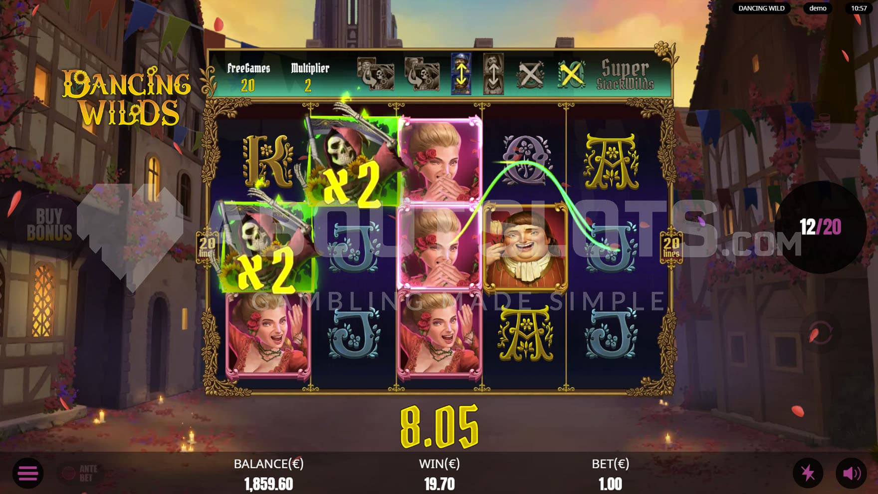 Free Spins bonus in progress, showing 2 Walking Wilds with x2 multipliers contributing to a win.