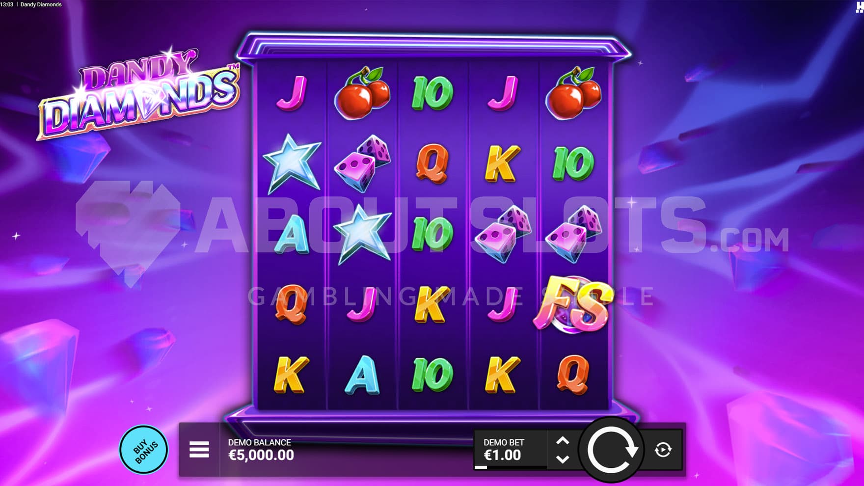 Base Game view of a 5x5 grid on a purple-pink backdrop filled with various shapes.