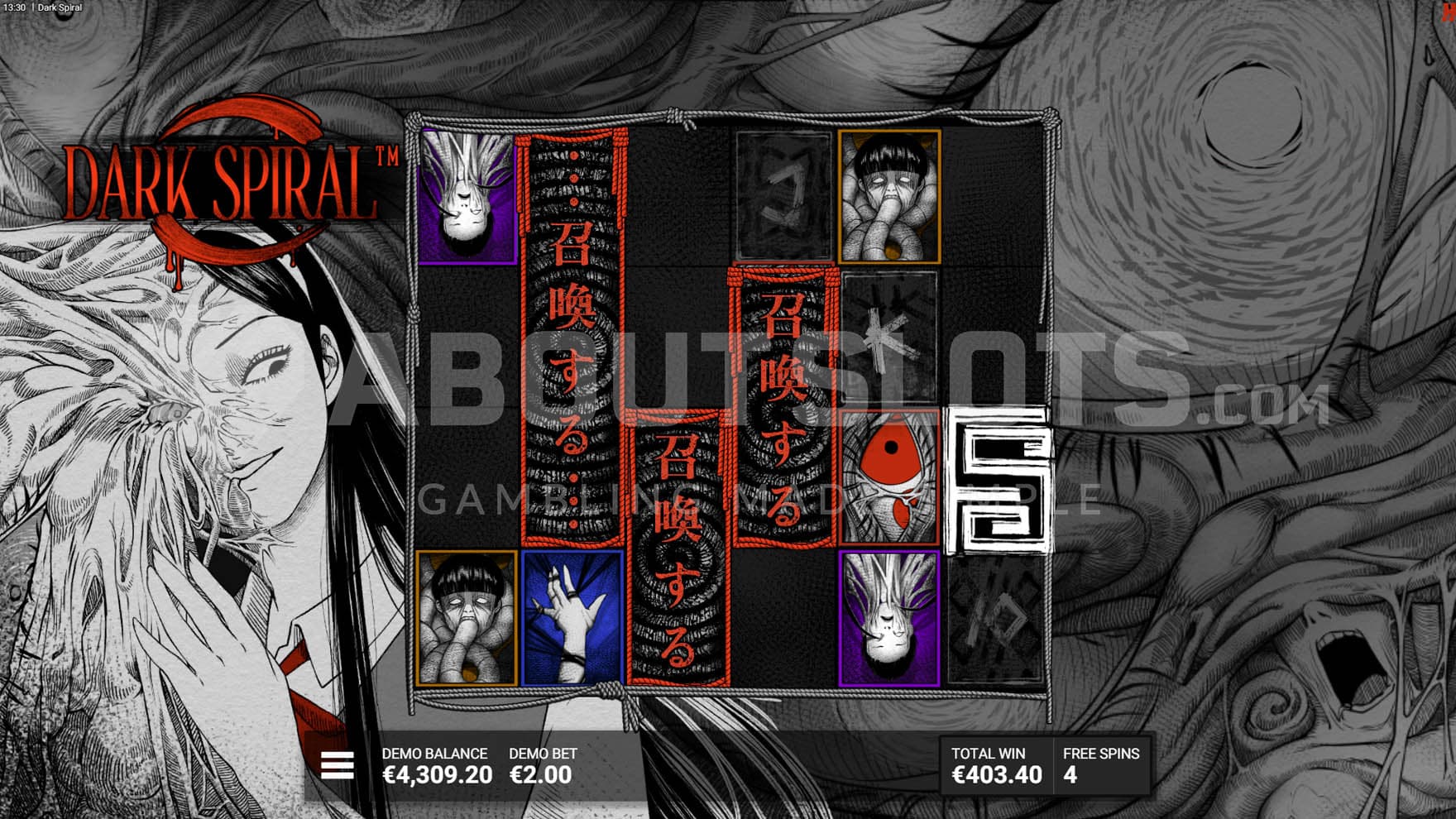 Twisted Bonus in progress, showing sticky Summoning Symbols on reels 2, 3, and 4.