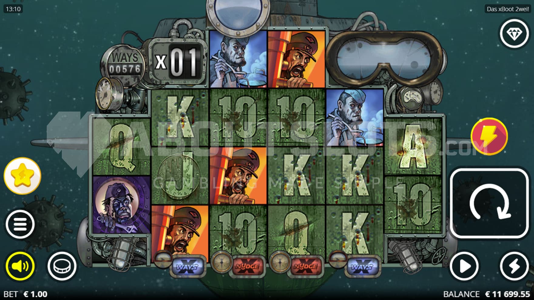 Base Game view of a 6-reel grid fitted onto submarine machinery underwater.