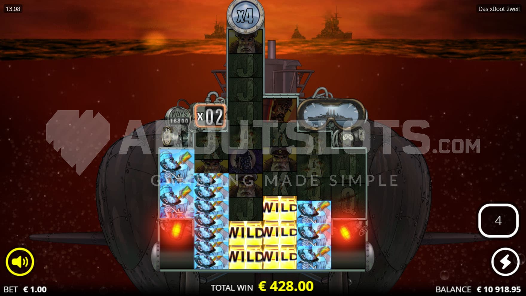 Battle of the Atlantic Spins bonus in progress, showing a high win achieved after the Torpedo Builder feature trigger.